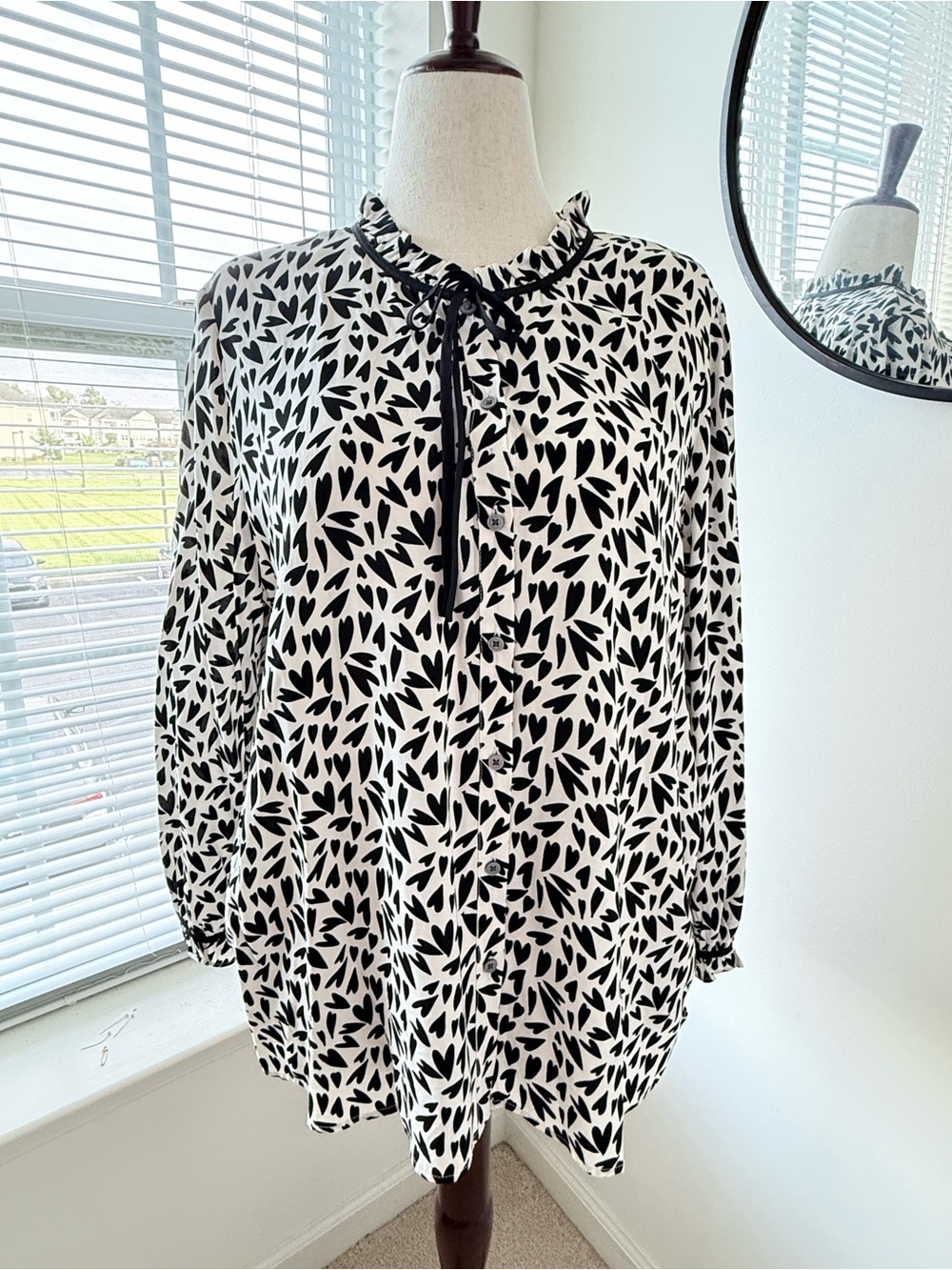 LOFT Black & White Heart-Print Tie-Neck Blouse